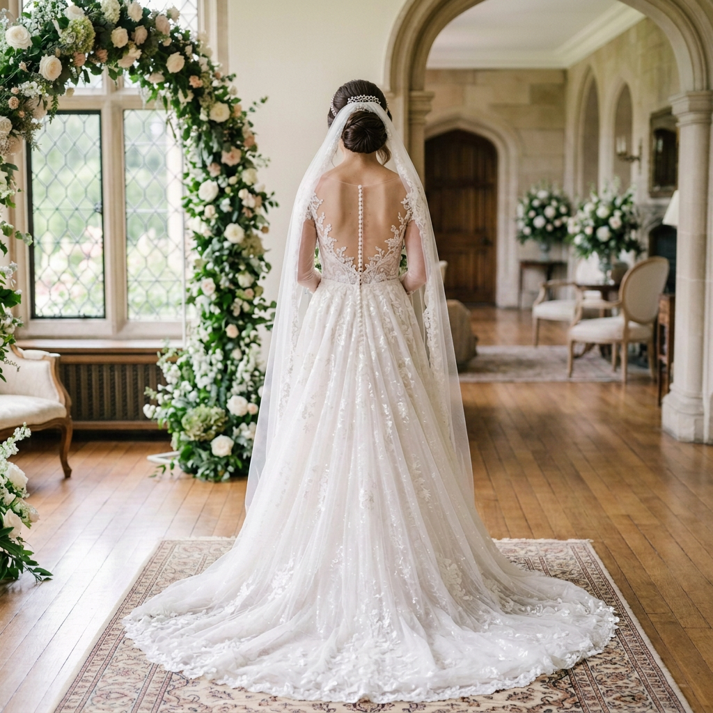 Bride in lace wedding gown holding bouquet standing in decorated room